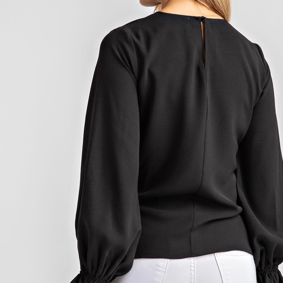 *NEW* BLACK TWIST-FRONT LONG SLEEVE BLOUSE WITH RUFFLE CUFF - Picture 4 of 5